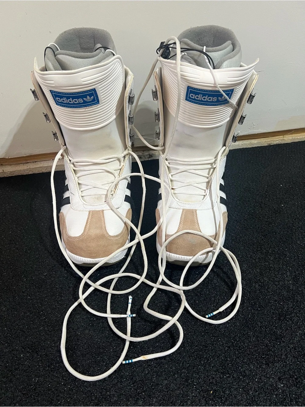 adidas White and Black Samba Snowboard Boots with Tan Accents